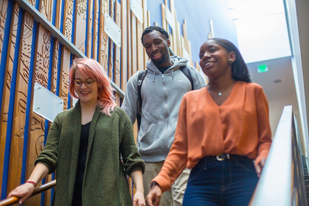 Students walking down steps